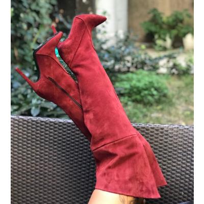 Bordo süet İnce Topuk Dizüstü Çizme