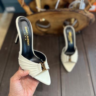 YSL DERİ EKRU TOPUKLU TERLİK 10CM